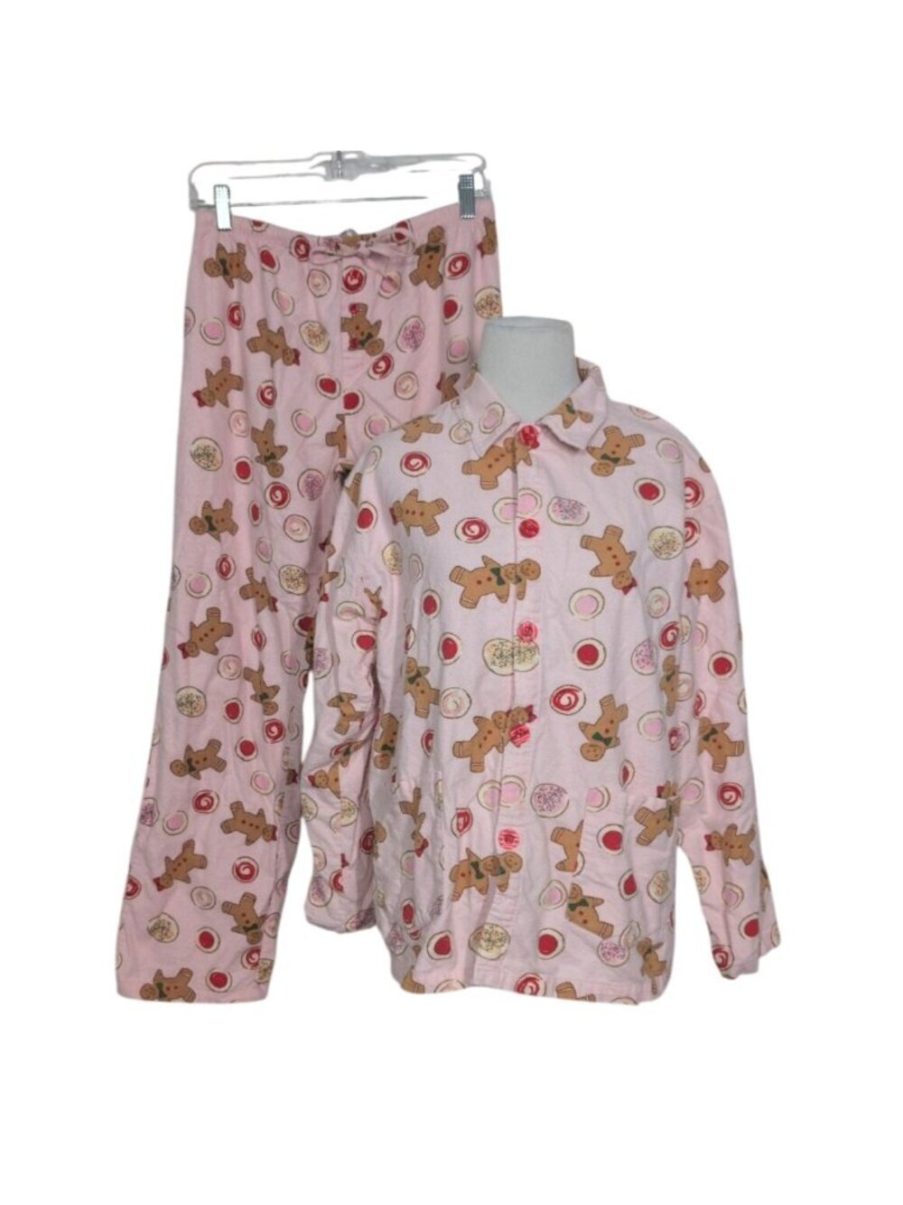 PJ Studio Christmas Cookie Pajama Set Womens Size Medium Pink Flannel Gingerbrea